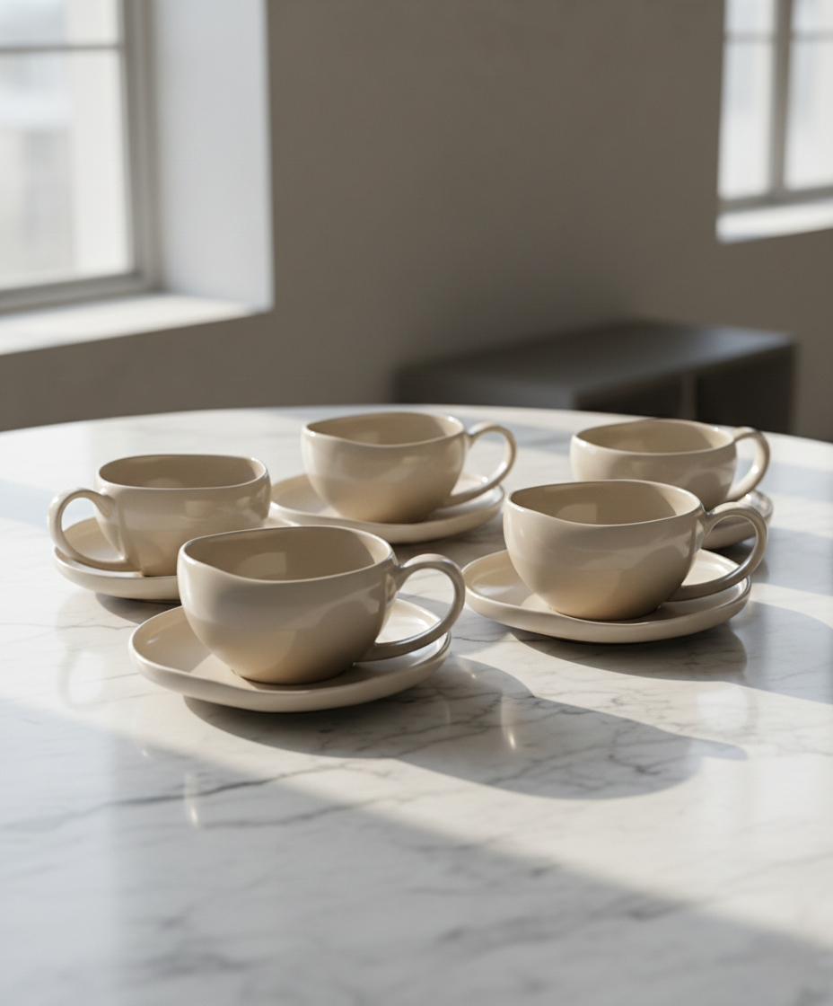 Almina Wave Biscuit Koffieset – 12-delig (6 Personen) – Warm Beige Porselein – 120ml