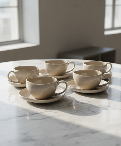 Almina Wave Biscuit Koffieset – 12-delig (6 Personen) – Warm Beige Porselein – 120ml