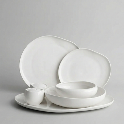 Almina Wave Serviesset – 27-delig Wit Porselein – Organisch Japandi & Wabi-Sabi