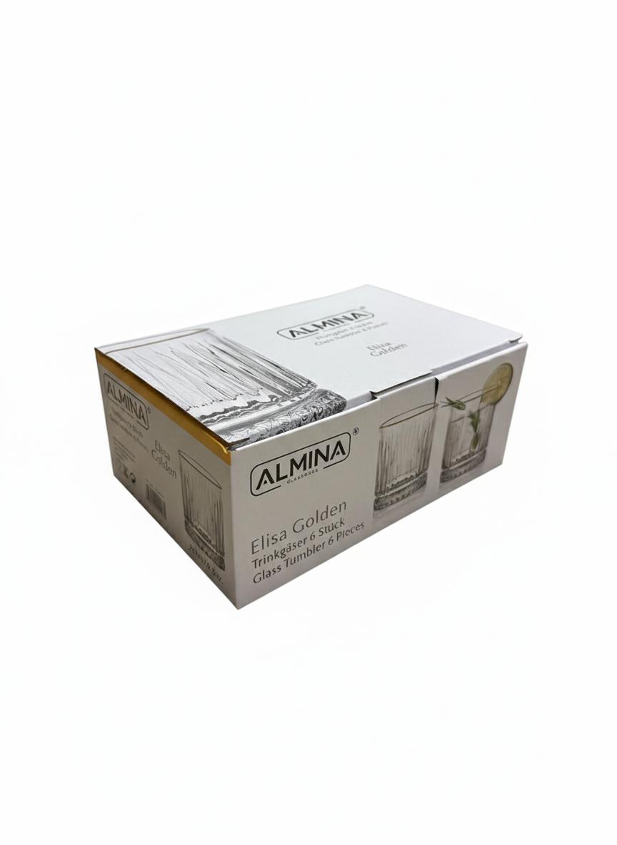 Almina Elisa Drinkglazen Set (6 stuks) – 330ml – Luxe Tumblers met Gouden Rand