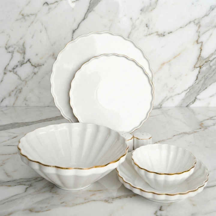 Flores Serviesset – 27-delig Wit Porselein met Gouden Rand – Klassiek &amp; Elegant