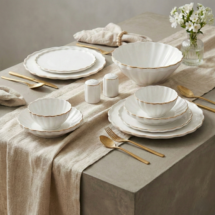 Flores Serviesset – 27-delig Wit Porselein met Gouden Rand – Klassiek & Elegant