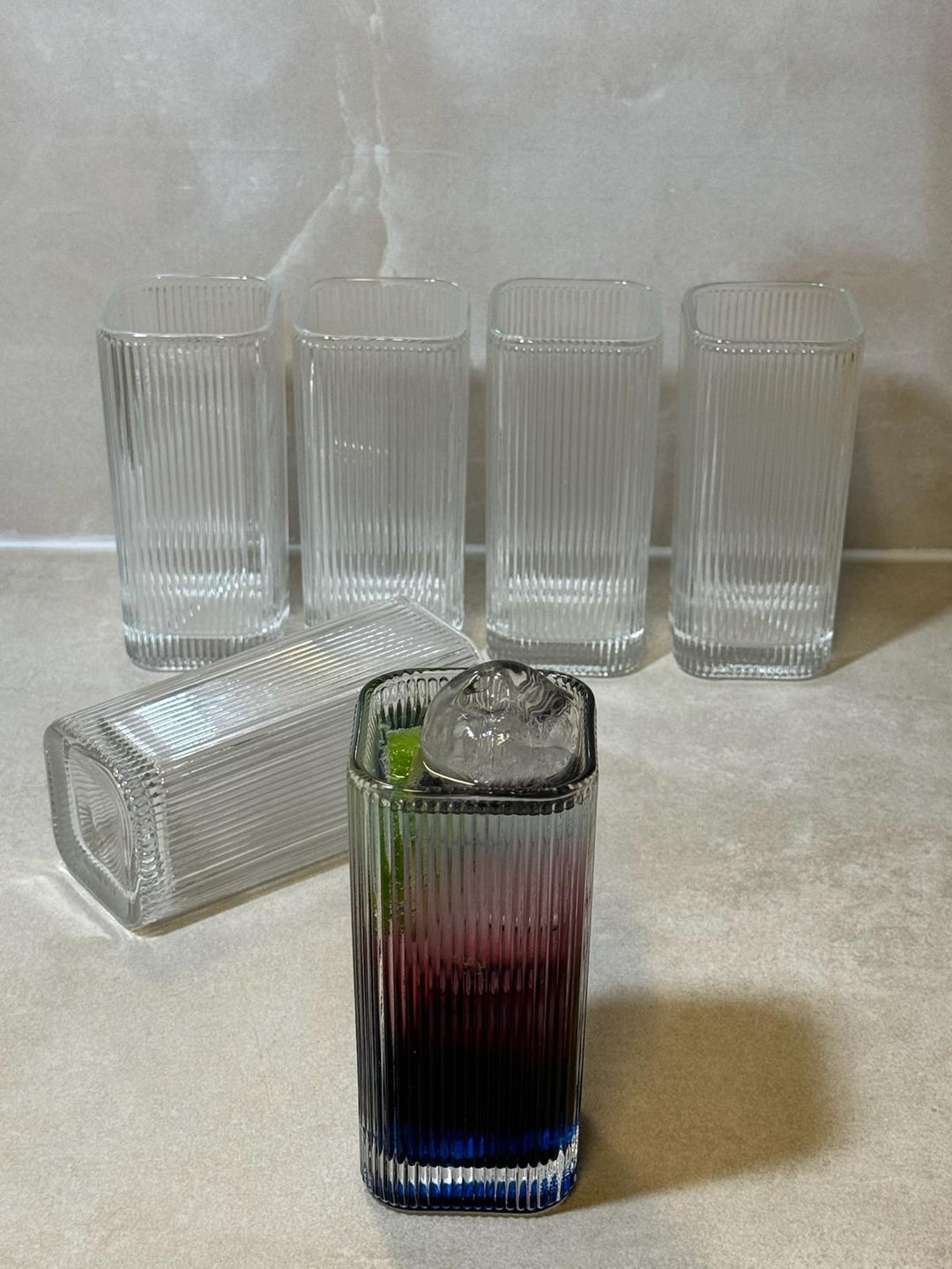 Luxe Geribbelde Drinkglazen - Set van 6 - Vierkant Longdrinkglas