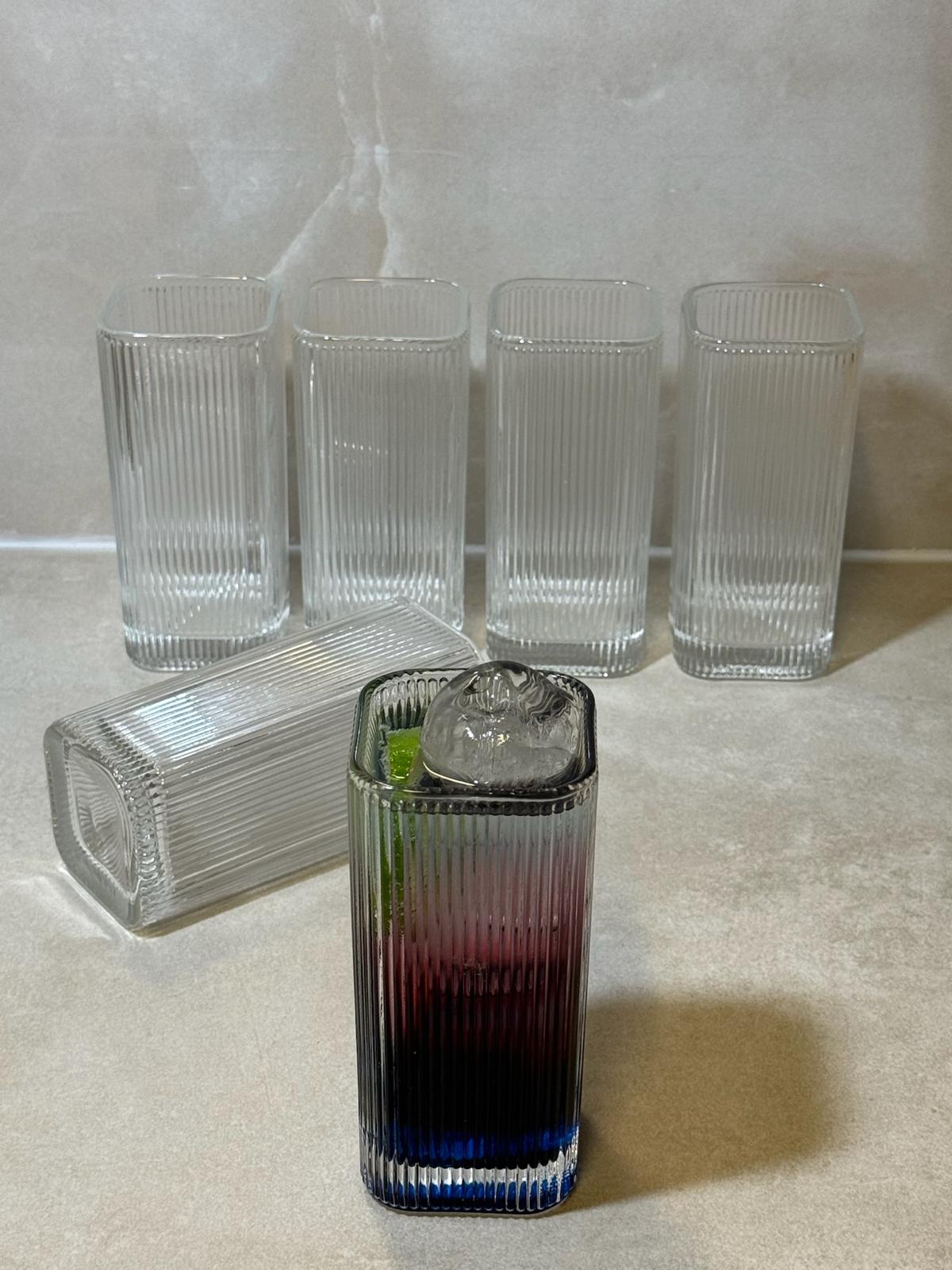 Luxe Geribbelde Drinkglazen - Set van 6 - Vierkant Longdrinkglas