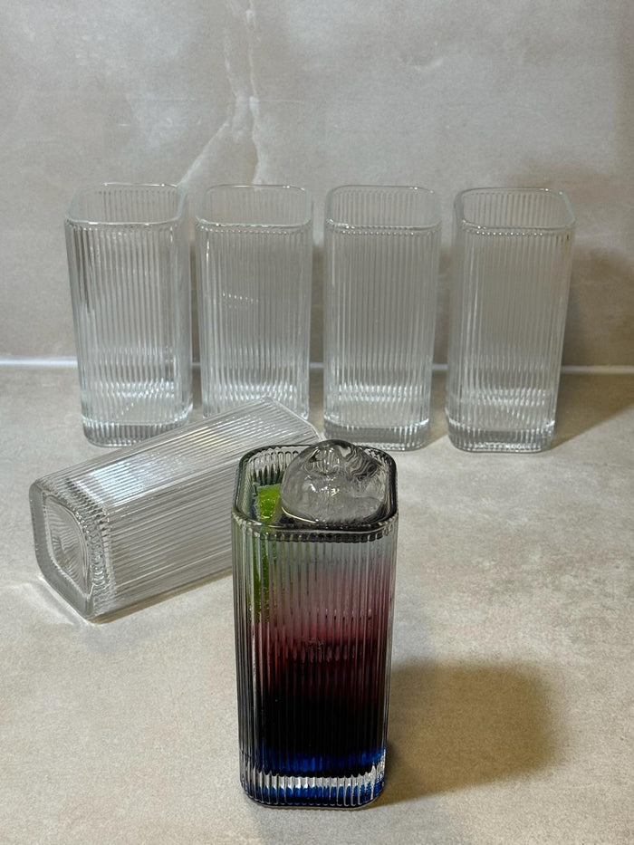 Luxe Geribbelde Drinkglazen - Set van 6 - Vierkant Longdrinkglas