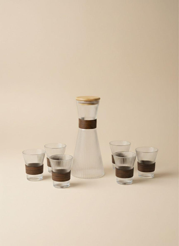 Bavary Luxe Karaf Set – 7-delig – Geribbeld Glas met Houten Detail