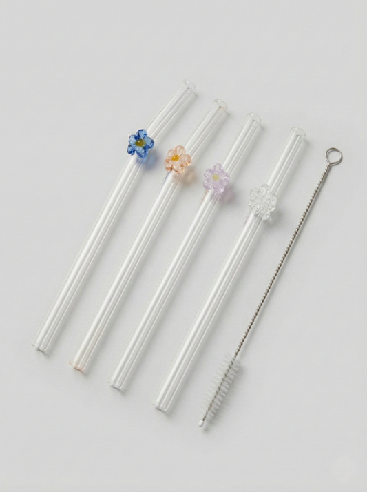 Bavary Glazen Rietjes met Bloemetjes - Set van 4 - Duurzaam & Elegant