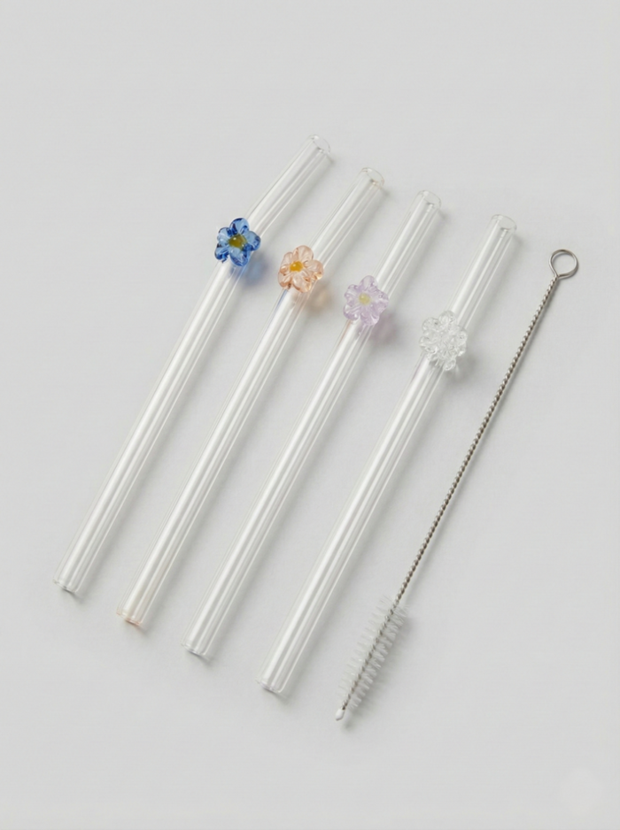 Glazen Rietjes met Bloemetjes - Set van 4 - Duurzaam & Elegant