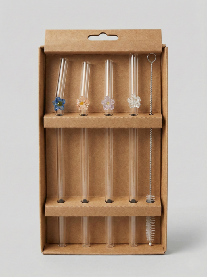 Glazen Rietjes met Bloemetjes - Set van 4 - Duurzaam &amp; Elegant