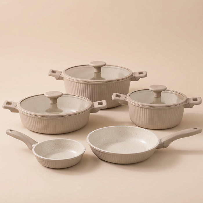 8-Delige Pannenset Taupe – Aluminium Kook- & Koekenpannenset met Glazen Deksels