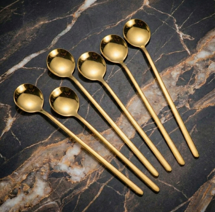 Luxe Gouden Latte Macchiato Lepels – Set van 6 – Lange Steel – RVS