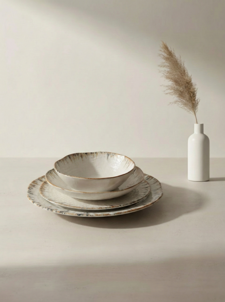 Ipek Terra Serviesset 24-delig – Porselein – Crème met Bruine Rand – Aards &amp; Rustiek Design