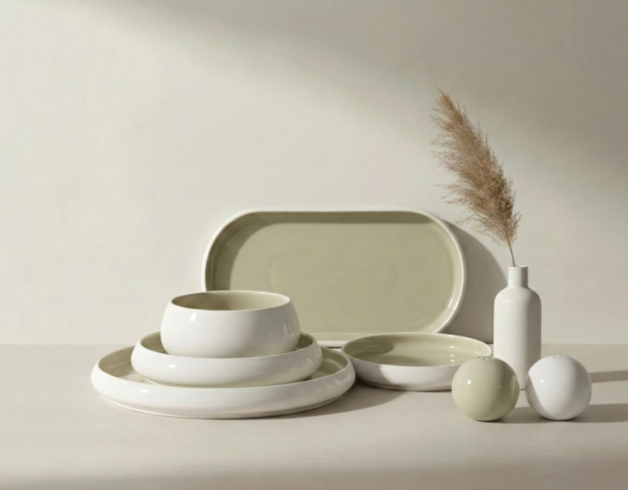 Bavary Chubby Serviesset 27-delig – Modern Porselein – Wit & Taupe – Organische Ronde Vormen