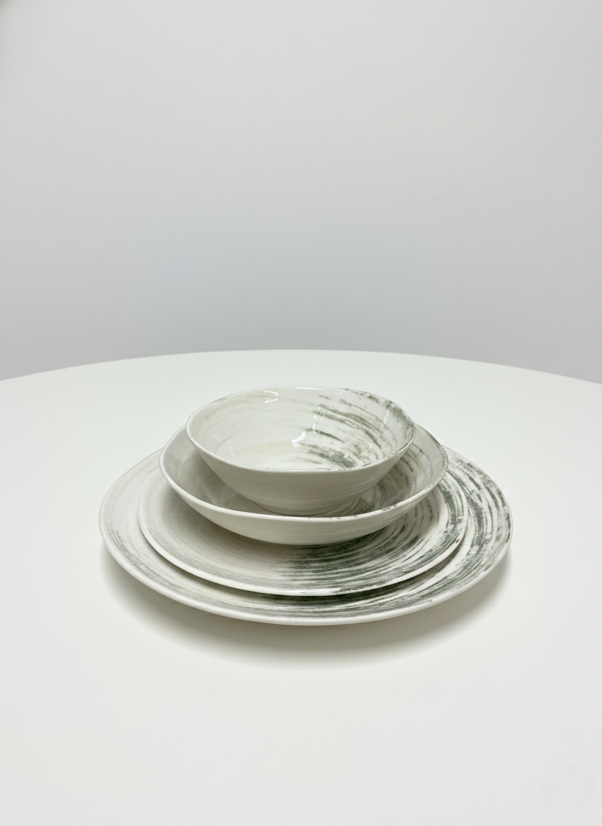 Ipek Olive Serviesset 24-delig – Porselein – Wit met Groene Swirl – Artistiek &amp; Modern