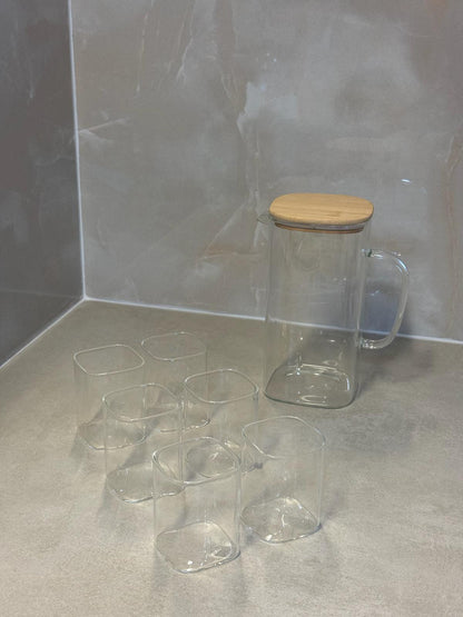 Almina Maestro Luxe Glazen Karafset met Bamboe Deksel - 7-Delig - 1 Karaf & 6 Glazen