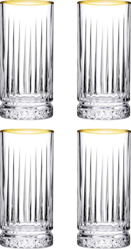 Pasabahce Luxe Longdrinkglazen Set (4 stuks) - 28cl - Met Elegante Gouden Rand